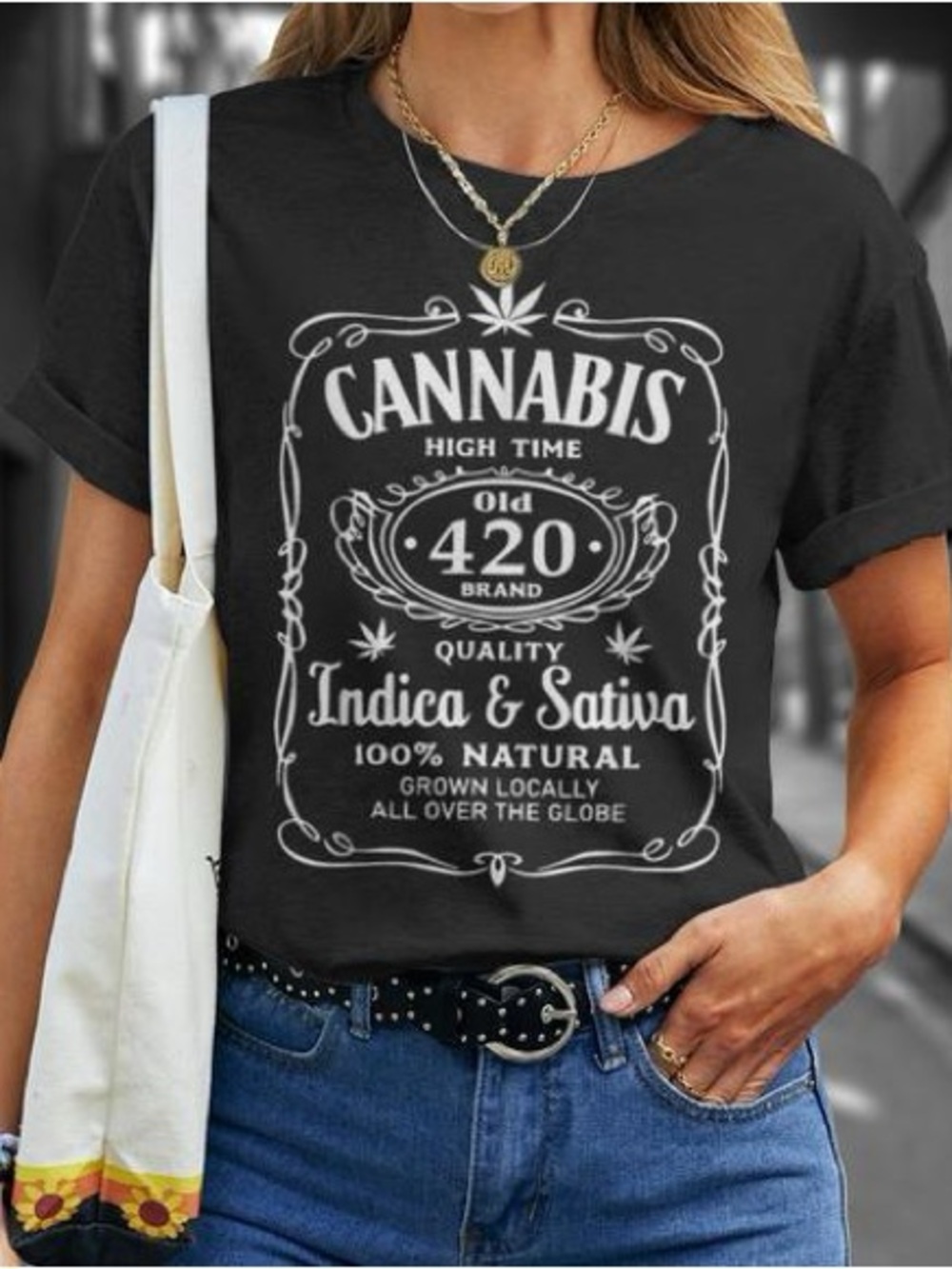 Cannabis Graphic Short Sleeve Tee - Gray Shirt w/Black GraphicWomen's Casual Top